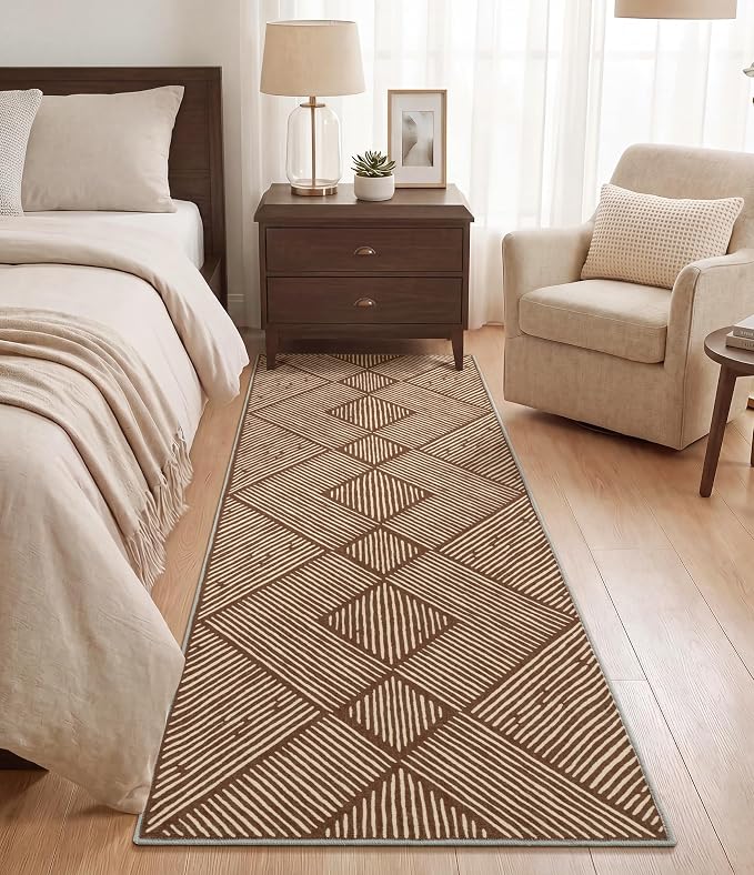 2‘x6' Washable Brown Stripe Runner Rug for Hallway | Non-Slip, Low Pile, Stain Resistant, Earth Tone Geometric Style for Kitchen Entryway Bedroom