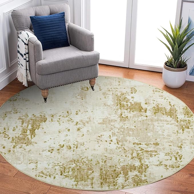 ROYHOME Modern Abstract 4x4 Round Area Rug Non Slip Non Shedding Rug Low Pile Stain Resistant for Bedroom Living Room Office Dining Room,Golden Grey