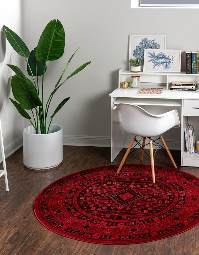 Unique Loom Tekke Collection Area Rug - Sheibani (3' 3" Round, Red/ Black)
