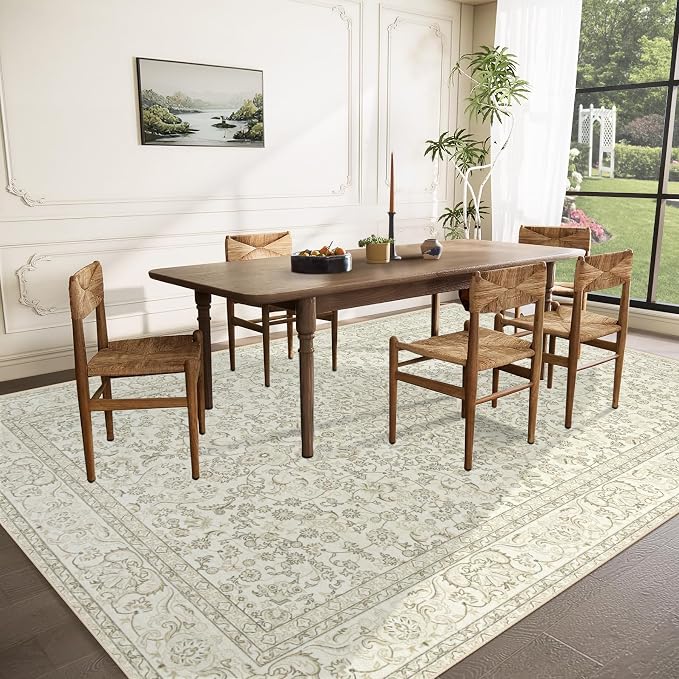 Area Rug 8x10 Washable Rug, Vintage Boho Medallion Rugs Non-Slip Soft Low Pile Large Distressed Rug Indoor Retro Carpet for Living Room Bedroom Dining Room Home Office (IvoryBeige, 8'x10')