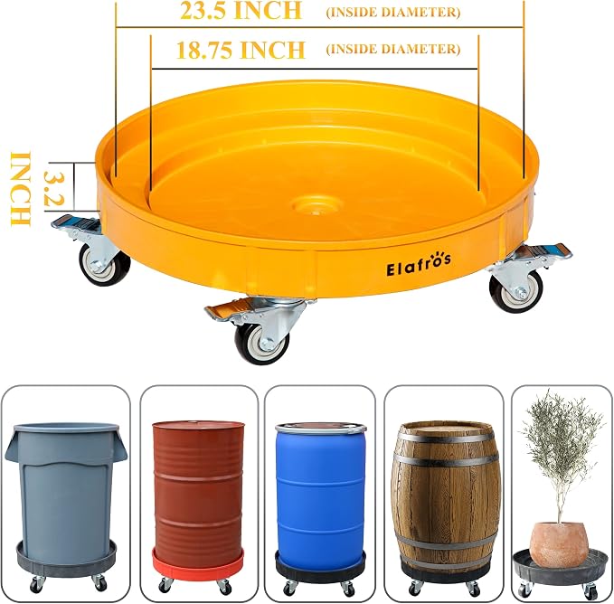 ELAFROS 30 Gallon and 55 Gallon Heavy Duty Plastic Drum Dolly – Durable Plastic Drum Cart 900 lb. Capacity- Barrel Dolly with 5 Swivel Casters Wheel, Yellow, with Brake