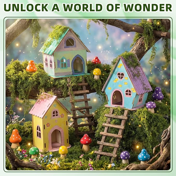 DoubleFill 3 Sets Wooden Fairy House Craft Kit for Kids - Classroom DIY Fairy Garden with Paints & Decorations - School Arts Crafts & Birthday Gift for Activity Party Decor (3 Mixed Cute Roof Styles)