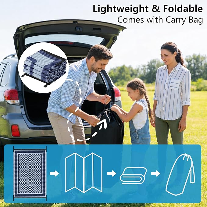 Kohree RV Outdoor Rug 9x12 Reversible, Waterproof Patio Mat with 4 Stakes & UV Fade Resistant, Non-Slip Outdoor Camping Mat for Deck, Picnic, Backyard, Includes Carry Bag (Blue)