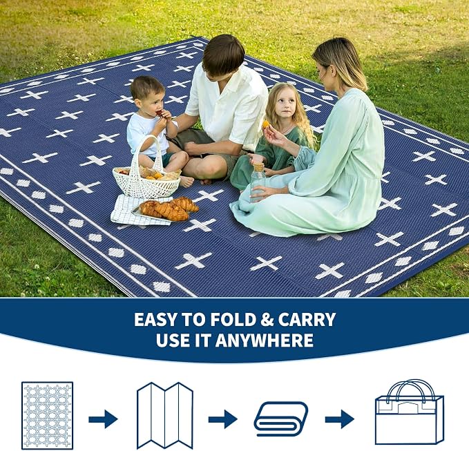 Waterproof Outdoor Rug 8x10, Modern Reversible Plastic Straw Patio Camping Rugs, Outdoor Indoor RV Mat Carpet for Patio, Outside Entry, Backyard, Deck, Bench, Picnic, Camper，Navy/Blue