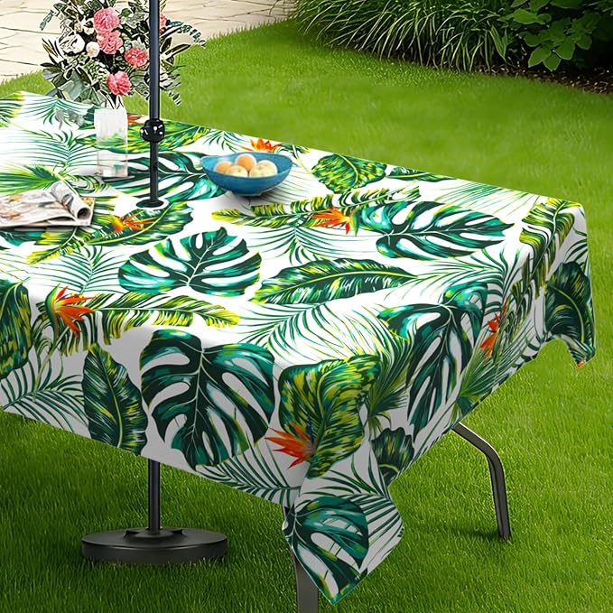 Green Leaves Outdoor Tablecloth with Umbrella Hole 60" x 120" Waterproof Zipper Table Cloth for Patio Table - Ideal Tablecloths for Picnics, Camping, and Yard Use