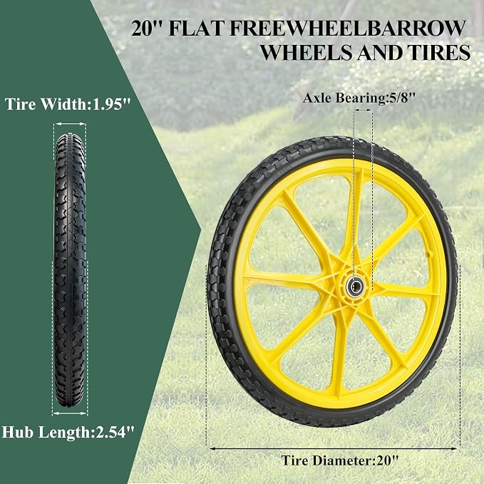 20” Flat Free Wheelbarrow Tires, 5/8” Extra 3/4”Bearing, with 2.45” Centered Hub, Replacement for Rubbermaid Wheelbarrow wheels, Garden Yard Cart, Big Wheel Utility Carts (Yellow, 2 pick)