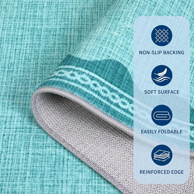 GarveeHome Scalloped Teal Door Mat Indoor Rugs for Entryway Small Rug 2x3 Washable Non-Slip TPE Backing Modern Minimalism Soft Low-Pile Throw Carpet for Bedroom Kitchen Bathroom