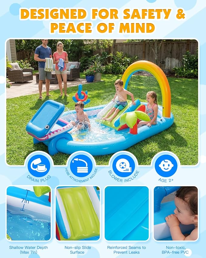 Whubefy Inflatable Kids Play Center Outdoor/Indoor 98 × 64 × 39 in Kid Pool Slide, with Water Sprayer, Waterfall, and Ocean Ball, Multicolor (Without Blower)