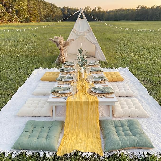 Extra Large Outdoor Picnic Blanket with Table Runner and Floor Pillow Cushion for Picnic Wedding Birthday Baby Shower Backyard Decor(91 x 71'',Light Beige,Yellow,Green,8 Pcs)