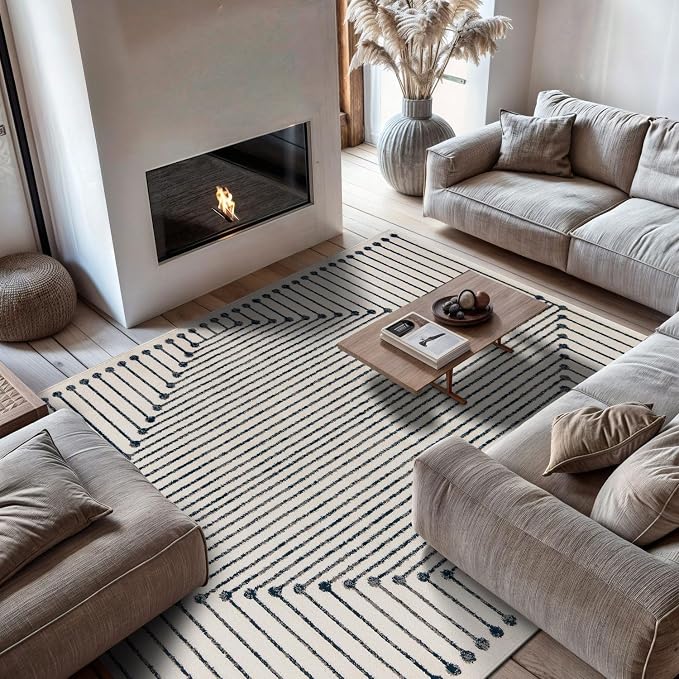 Rugshop Contemporary Bohemian Stripe Area Rug 7'10" x 10' Cream | Jute Backing, Soft Medium Pile, Stain Resistant, No Shedding, Living Room, Dining Room, Family Room, Great Room, Basement