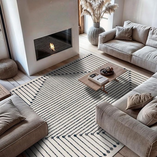 Rugshop Contemporary Bohemian Stripe Area Rug 7'10" x 10' Cream | Jute Backing, Soft Medium Pile, Stain Resistant, No Shedding, Living Room, Dining Room, Family Room, Great Room, Basement