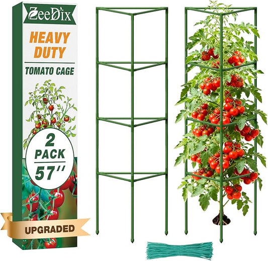 [Upgraded] ZeeDix 2 Pack Heavy Duty Tomato Cages for Garden, 57 Inch Foldable Plant Support Stakes for Heavy Climbing Plants, Adjustable Tomato Trellis for Pots Indoor & Raised Garden Bed Outdoor