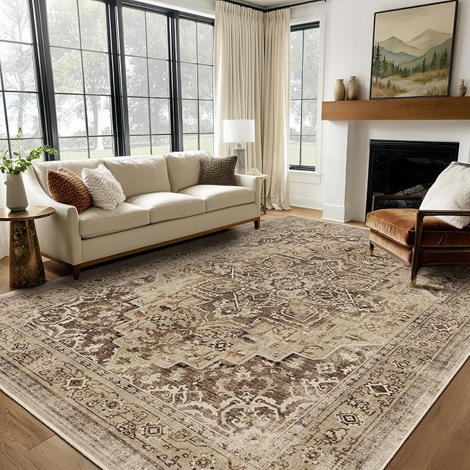 8x10 Brown Medallion Rugs for Living Room, Vintage Transitional Washable Large Rug for Bedroom Under Bed, Low Pile Thin Soft Carpet Rugs for Dining Room Office, Earth Tone Taupe Brown Black