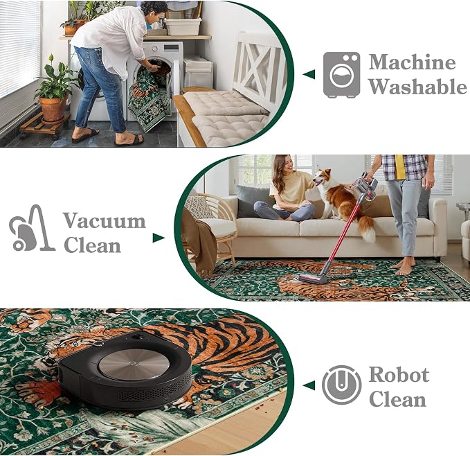 Moynesa Tiger 5x7 Area Rug, Boho Washable Living Room Rug, Non Slip Green Rugs for Bedroom, Ultra Thin Vintage Soft Stain Resistant Throw Floor Carpet for Office Dining Room