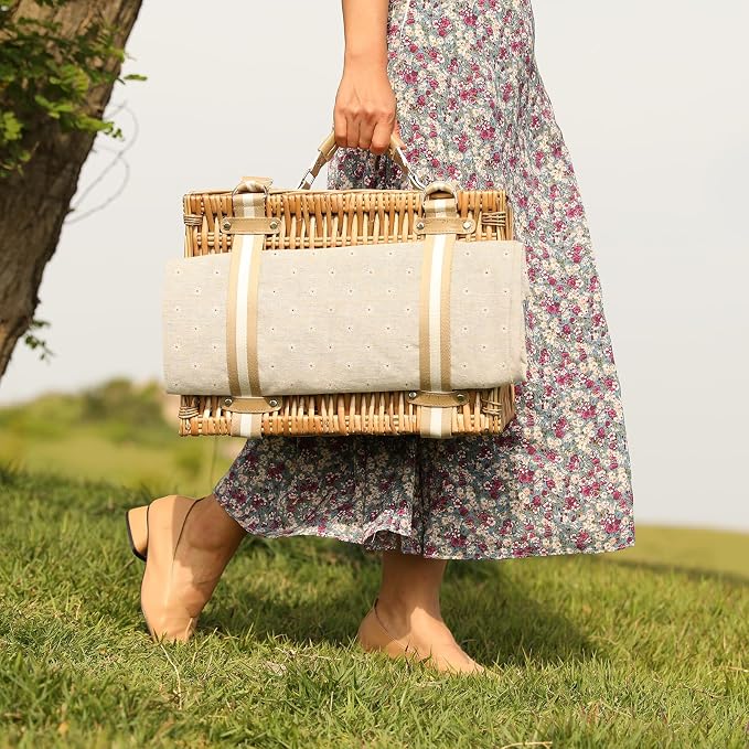G GOOD GAIN Picnic Basket for 2 - Wicker Picnic Set with Waterproof Blanket| Large Picnic Hamper with Insulated Cooler & Cutlery Kit for Couples Camping,White Flower,15x11x7.5inch