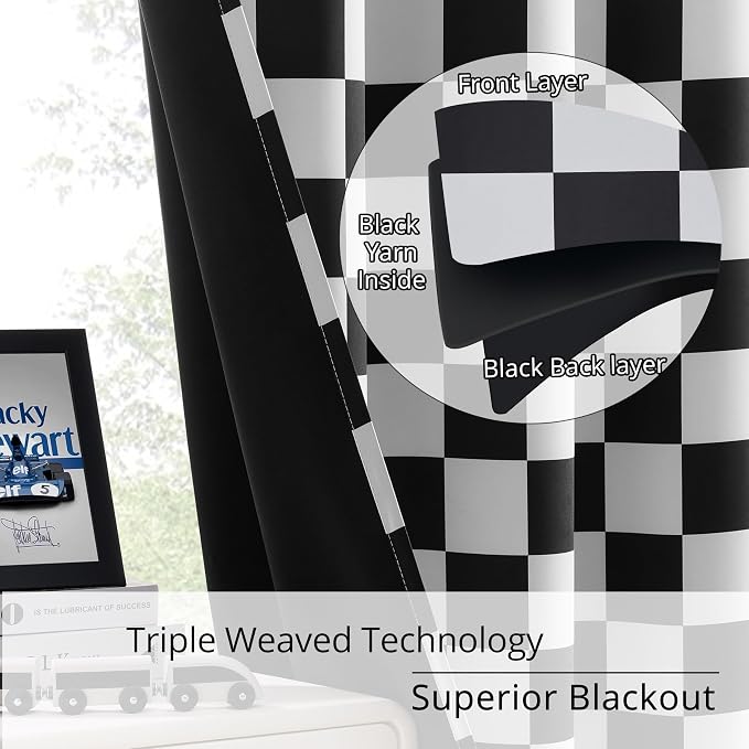 Rod Pocket & Back Tab Checkered Curtains, 100% Blackout, Race car Flag Checkerboard Curtains, Thermal Insulated, Noise Reducing, 3-inch Checkered, 2 Panels, Each W21×L63