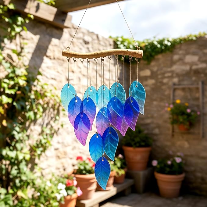 Glass Leaves Wind Chimes for Outdoor Memorial Decor - Unique Wind Chimes for Garden, Yard, Porch & Christmas, Durable Outside Christmas Decoration with Handcrafted Glass Design
