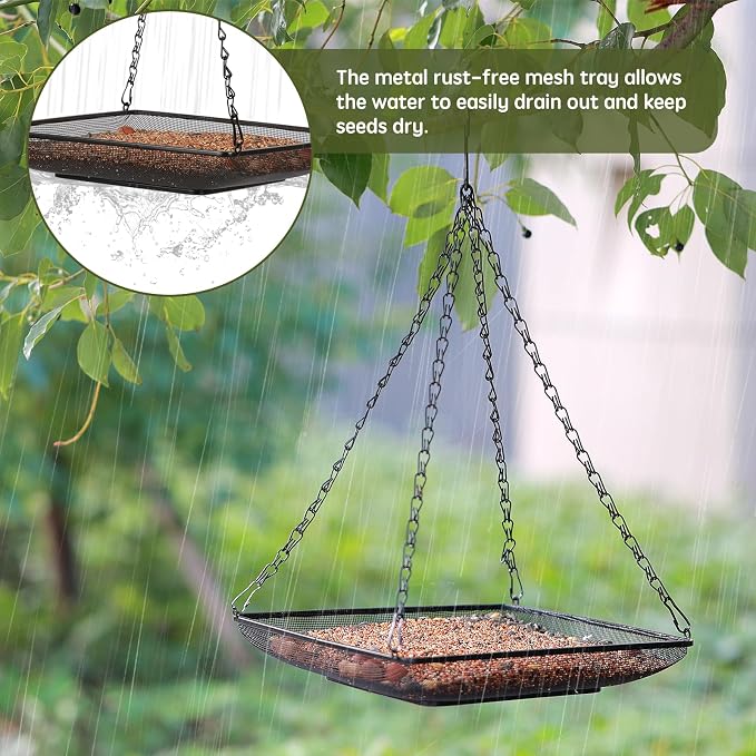 MIXXIDEA Hanging Bird Feeder Tray 11x11 Inches, Metal Mesh Platform Seed Feeder with Durable Chains for Outdoors Outside Great for Attracting Wild Birds, 1 Pack