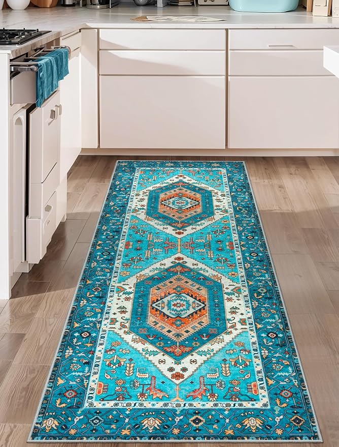 SERISSA 2x6 Washable Non Slip Boho Runner Rug for Hallway，Blue | Ultra Soft Vintage Oriental Carpet Low-Pile Distressed Tribal Floor Carpet for Kitchen Bedroom Bathroom Laundry Living Room