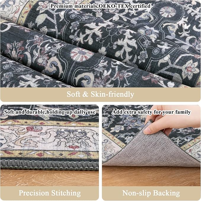 U'Artlines 2' x 6' Boho Hallway Runner Rug, Non Slip Runners, Dark Grey | Washable, Vintage Farmhouse Kitchen Rug, Accent Area Carpet, for Entryway Laundry and Living Room