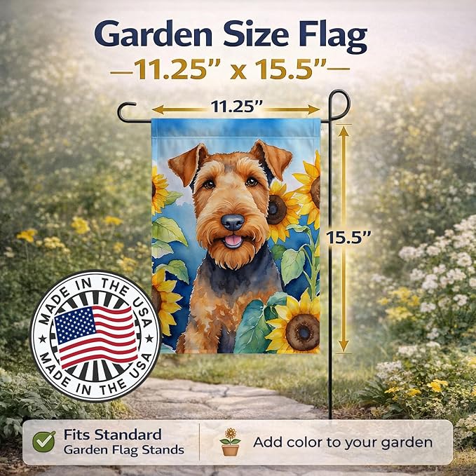 Caroline's Treasures DAC6002GF Airedale Terrier in Sunflowers Garden Flag Mailbox Flag Decorative Yard Flag Banner Outside Patio Artwork Yard Flower Beds, Garden Size, Multicolor