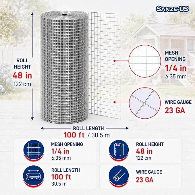 Sanzeus Hardware Cloth, 1/4 Inch 48in x 100ft 23 Gauge, Double-Layer Hot-Dip Galvanizing After Welding, Chicken Wire Fence Wire Mesh Poultry Netting Garden Fence Tree Guard Rolls