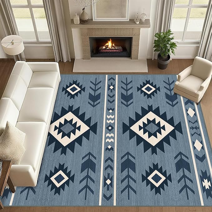 8x10 Area Rug for Living Room Western Rug Southwestern Aztec Tribal Rugs Southwest Navajo Machine Washable Non-Slip Printed Low-Pile Floor Carpet for Bedroom Dining Room Office, Blue