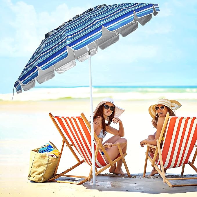 Tangkula 8FT Navy Blue Beach Umbrella, Portable with Sand Anchor, Fade Resistant Canopy, Sturdy Fiberglass Ribs, Outdoor Sunshade Umbrella