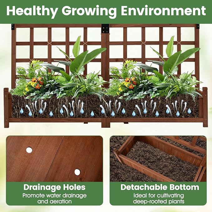Giantex Wooden Raised Garden Bed with Trellis, Dual Large Planter Boxes for Climbing Plants Vegetables Flowers, Elevated Outdoor Planter w/Drainage Holes & Privacy Screen, Patio Backyard Decoration