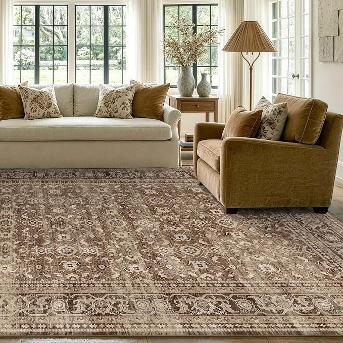 9x12 Ft Extra Large Area Rugs for Living Room, Soft Non-Slip Machine Washable Rug, Vintage Stain Resistant Carpets for Bedroom Nursery Dining Room Home Decor (Brown)