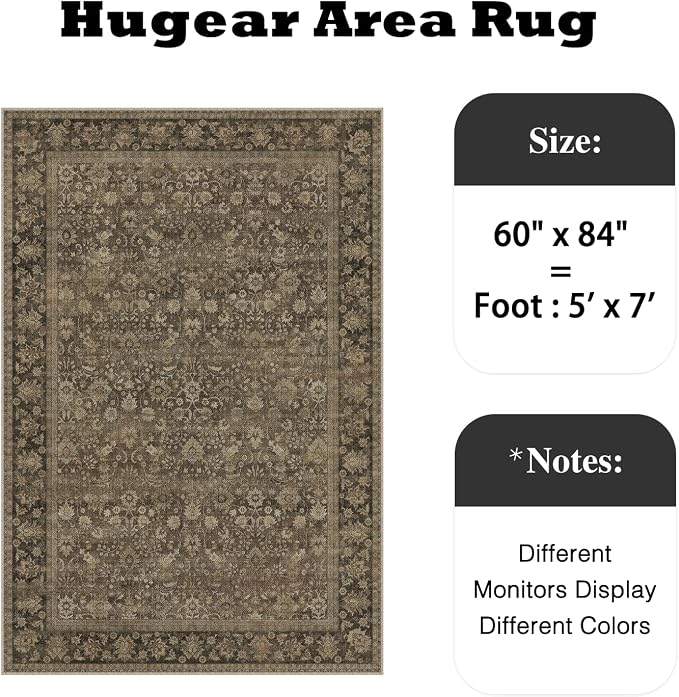 HUGEAR 5x7 Indoor/Outdoor Rug Brown Linen-Look Fabric Vintage Area Rug High Traffic Stain Resistant Easy Clean Durable Rugs for Living Kitchen Patio Deck Balcony Porch Garden Courtyard