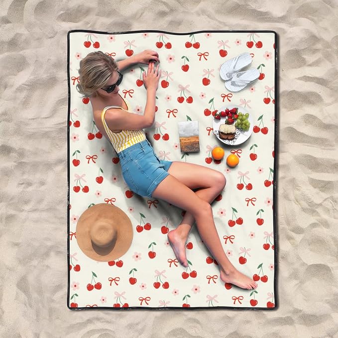 Cherry Picnic Blankets Waterproof Foldable,60’‘x80'' Portable Dual Layers Outdoor Travel Camping Backpacking Hiking Beach Blanket Mat for Grass Padded Lawn Park Beach,Cherry Picnic Accessories