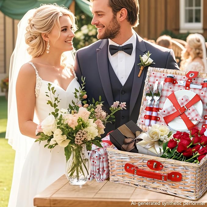 Picnic Basket Set for 4 with Waterproof Blanket Mat Insulation Bag Wicker Floral Pink Red Love Plaid Cute Kawaii Gift for Wedding Birthday Summer Camp Outdoor Camping Beach Travel Christmas