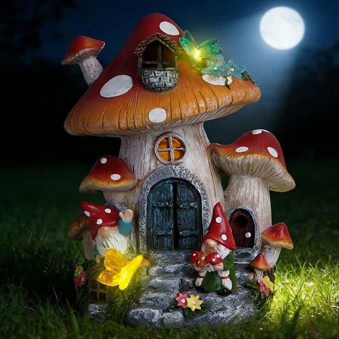 basen Solar Mushroom House Garden Statue Outdoor Decor, Resin Fairy Gnome House with LED Light, Solar Powered Whimsical Yard Art for Lawn Patio Porch Pathway, Weather Resistant