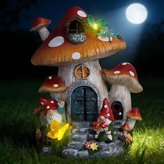 basen Solar Mushroom House Garden Statue Outdoor Decor, Resin Fairy Gnome House with LED Light, Solar Powered Whimsical Yard Art for Lawn Patio Porch Pathway, Weather Resistant