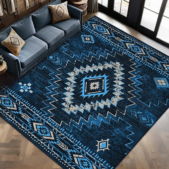 Yinhua Western 8x10 Rugs for Living Room, Morrocan Washable Rugs Non Slip | Low-Pile Blue Rug for Bedroom, Aztec Large Area Rug Non-Slip with Rubber Backing, Soft Non-Shedding Carpet for Office Nursery