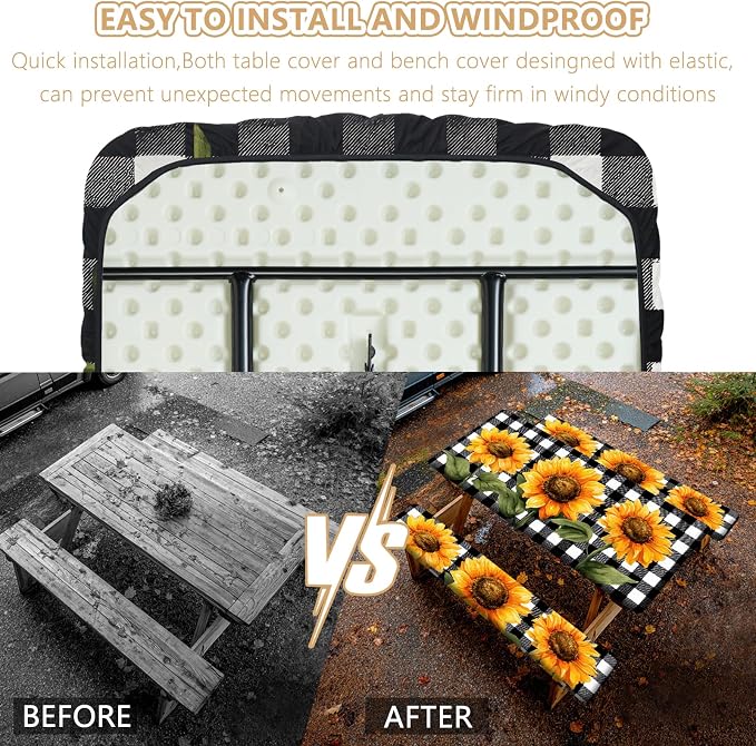 Picnic Table Cover with Bench Covers Elastic Edges, Outdoor Patio Camping Essentials 72 Inch 3PCS, Waterproof Camping Fitted Tablecloth with Handbags (Sunflower buffalo plaid)