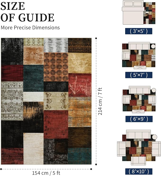 Mid Century Modern Cowboy Area Rug 5x7 for Living Room,Retro Patchwork Rug Non Slip,Red and Brown Floral Farmhouse Rugs Washable, Geometric Boho Area Rug for Kitchen,Dining Room,Bedroom