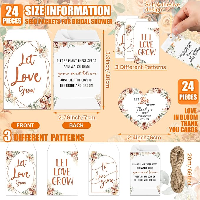 Reallnaive 24 Sets Wedding Favor Flower Seeds Let Love Grow Seed Packets for Guests Family Reunion Wildflower Mini Terracotta Pots Seed Packets Self Adhesive Envelopes Thank You Tags Organza Bags