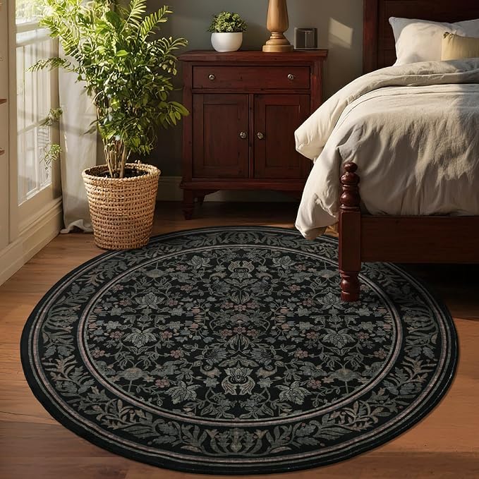 GarveeHome Round Rugs 5ft Washable Circle Rug for Living Room, Black | Boho Vintage Non Slip Soft Low Pile Stain Resistant Indoor Carpet for Bedroom Dining Room Kitchen Entryway Office