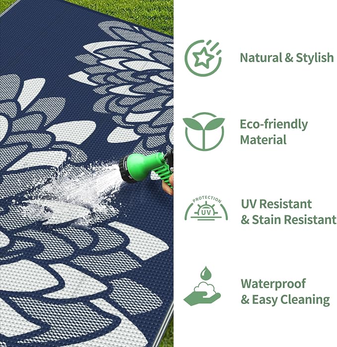 GENIMO Outdoor Rug 6' x 9' Waterproof for Patio Clearance, Reversible Plastic Straw Camping Mat, Lightweight Carpet for Rv, Camper, Deck, Porch, Picnic, Balcony, Beach,Mist Blue & White