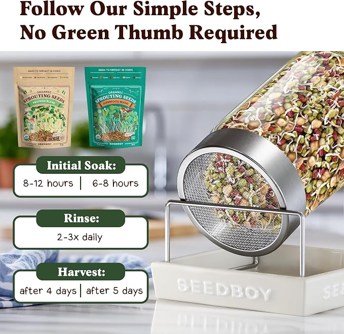 Seedboy Organic Non-GMO Sprouting Seeds, Superfood & Protein Blend - 2 Pack Bundle - USA Grown Sprouting & Microgreens Seeds - Two 8 oz Bags Makes 14 Quarts / 56 Servings (Superfood/Protein)