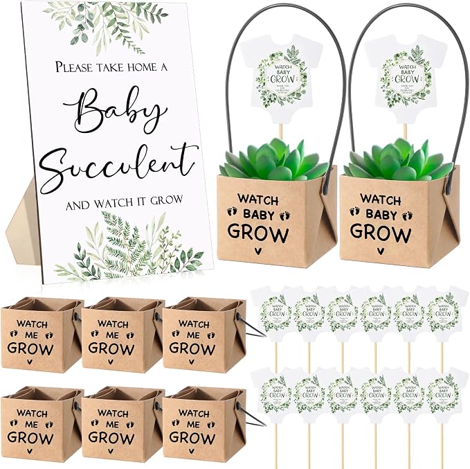 Geetery 101 Pcs Succulent Baby Shower Party Favor 1 Wooden Table Sign 50 Tags and 50 Kraft Succulent Pots for Guest Baby Shower Favors Gifts(Watch Baby)