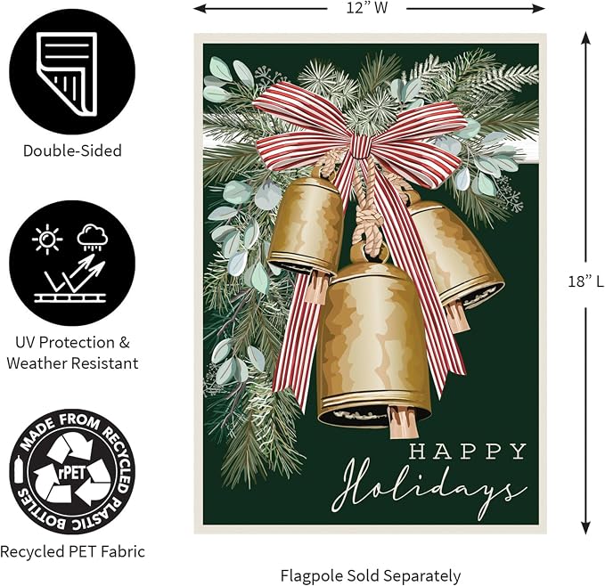 Evergreen Flag Golden Bells Garden Flag 12x18 Double Sided for Outside | Christmas Outdoor Applique Flag | Holiday Decoration For Home, Yards and Gardensrdens
