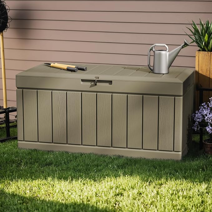 Greesum 82 Gallon Resin Deck Box All Weather Large Outdoor Storage for Patio Furniture, Toys, Garden Tools, Lockable, Light Coffee