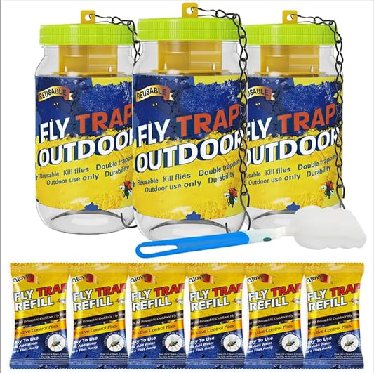 3 Pack Reusable Fly Traps Outdoor Bottles, Fly Killer Catcher Jar with 6 Natural Fly Bait Refills Lure, Flies Bug Insect Trap Control for Outside Barns, Stable, Patio, Hanging Chain, Brush Included