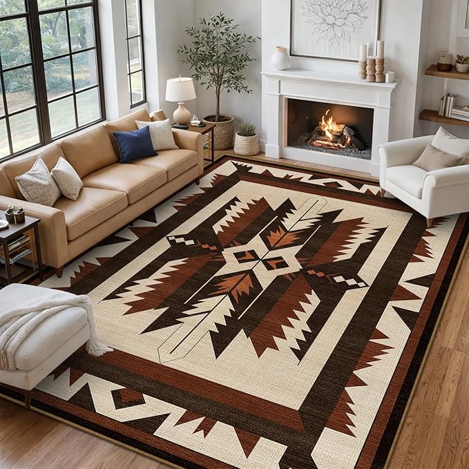8x10 Western Aztec Area Rug for Living Room Bedroom Southwestern Rustic Large Rug Machine Washable Non-Slip Carpet for Dining Room Office