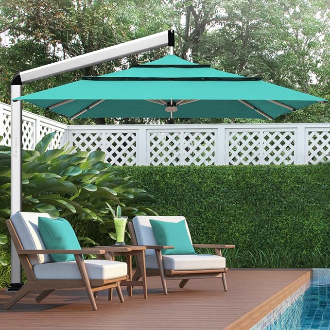EliteShade USA Atlas 3-Tier 10x10FT Full Aluminum Cantilever Patio Umbrella for Outdoor restaurant Garden Courtyard Deck Pool and Marketing with Light,Teal