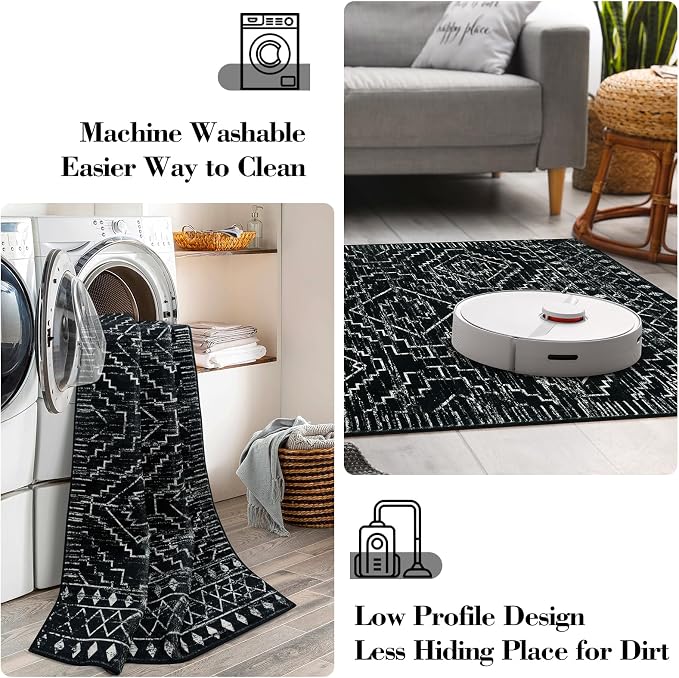 Wonnitar Moroccan 8x10 Area Rugs for Living Room, Washable Large Black Rug for Bedroom, Non-Slip Soft Thin Stain Resistant Boho Tribal Floor Carpet for Dining Guest Room Office (Black,8'x10')