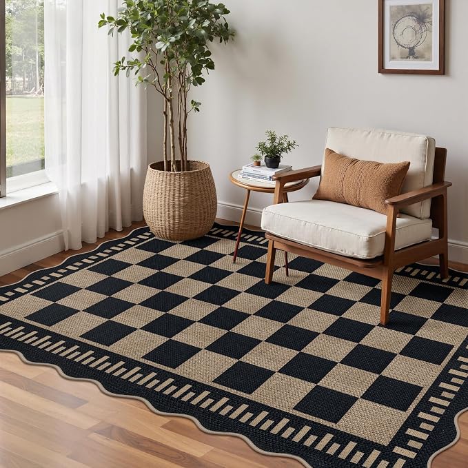 Checkered Easy Jute 4x6 Outdoor Patio Rug, Washable Indoor Outdoor Black Kitchen Rugs Farmhouse Neutral Non Slip Area Rug for Living Room Backyard Bedroom